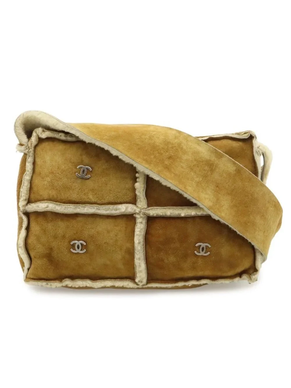 Chanel CC Logo Shoulder Bag Crossbody Shearling Brown Silver